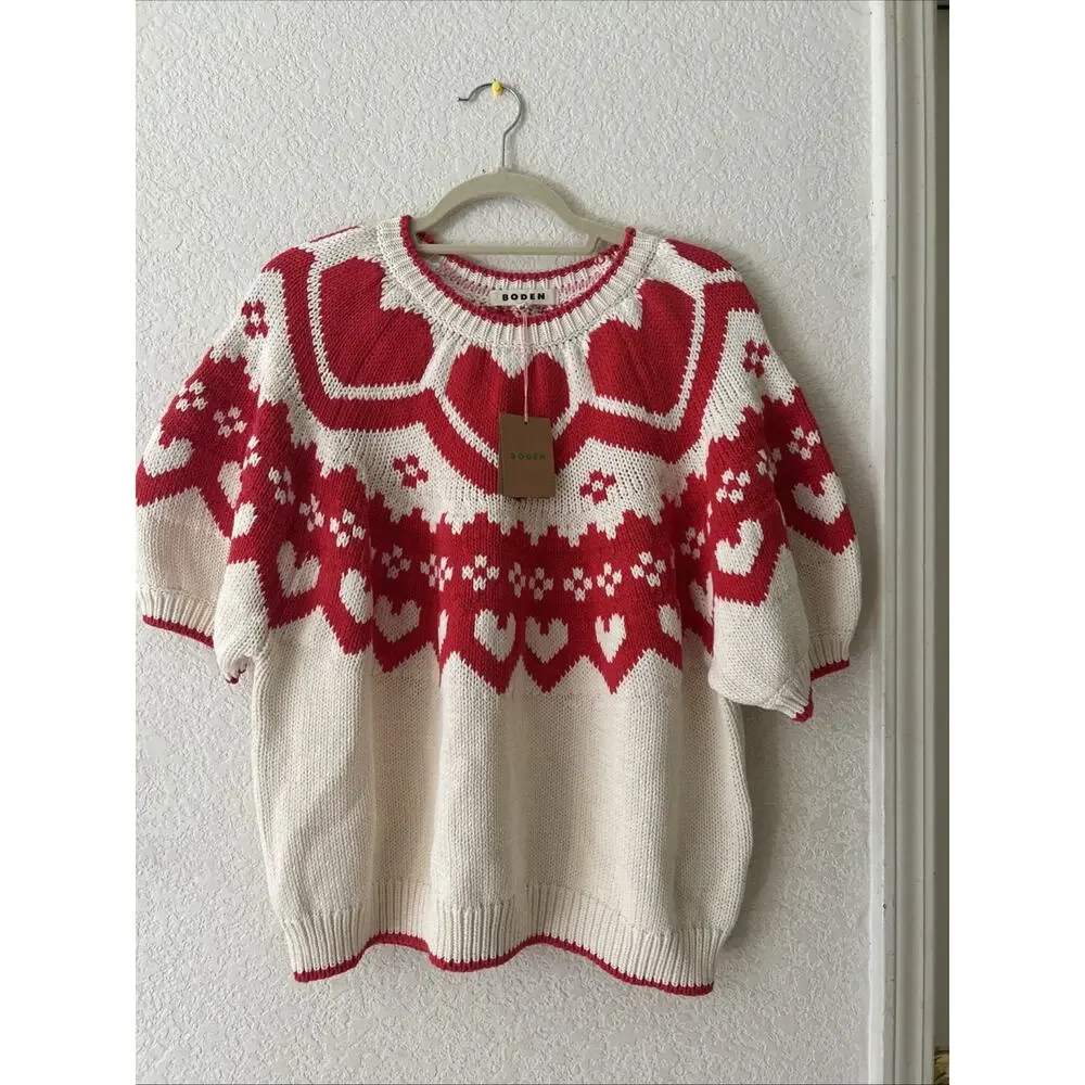 BODEN Margot Puff Sleeve T-shirt Warm Ivory / Red Hearts NWT $150